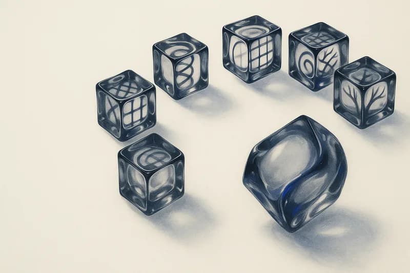 Editorial cover illustration for "AI for System Design Interviews: 6 Walkthroughs" — liquid-glass forms on cream paper with indigo accent.